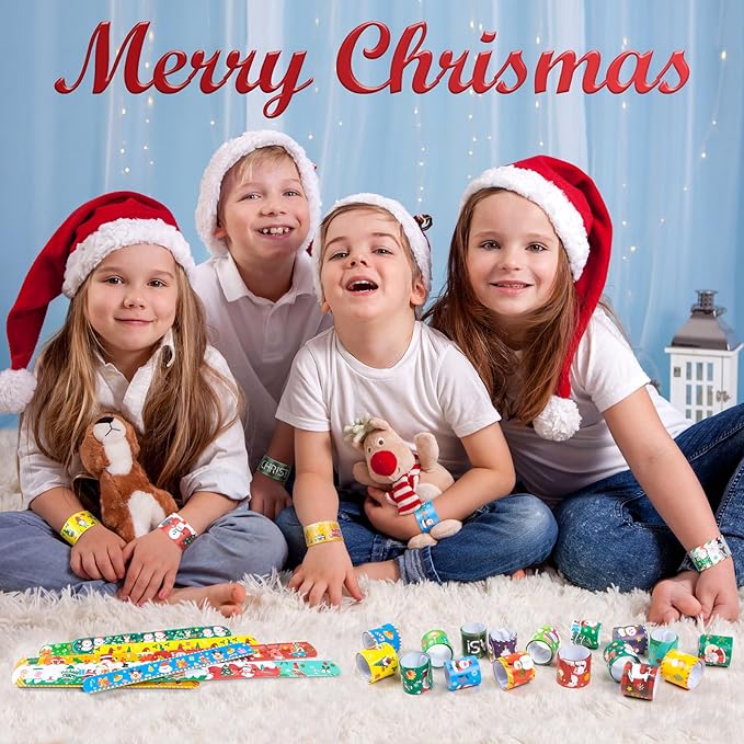 Christmas Slap Bracelet for Kids - 48 Pieces, 24 Colorful Styles - Bulk Christmas Slap Wristbands for Kids Party Favors, Toys Prizes & Goodie Bags Fillers
