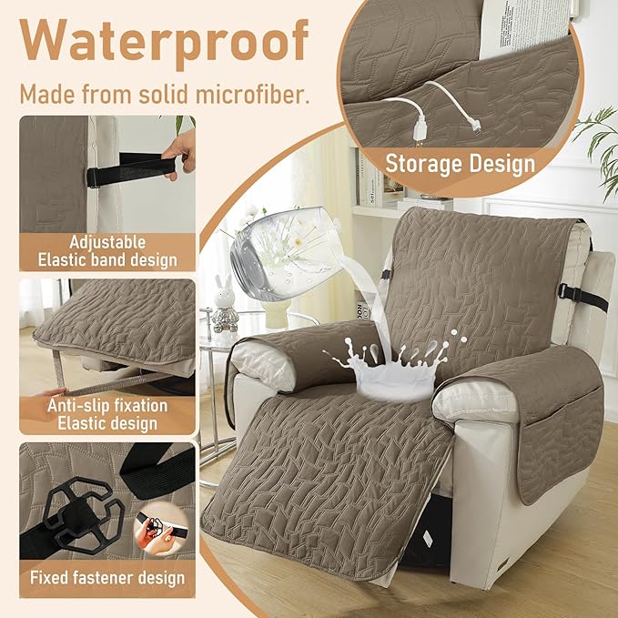 100% Waterproof Recliner Chair Covers for Reclining Chair, Small Recliner Covers That Stay in Place, Non-Slip Recliner Armchair Cover with Pockets for Kids, Pets, Dogs, Cat, Washable,Coffee,28