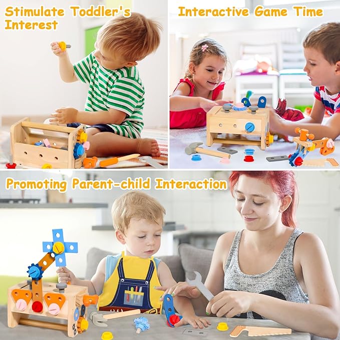Wooden Kids Tool Set, Toddler Tool Bench with Apron 2 Year Old Toys Gift STEM Montessori Toys for 2 3 4 Year Olds Pretend Play Toddler Tool Set Educational Construction Toy for Toddler(39PCS)