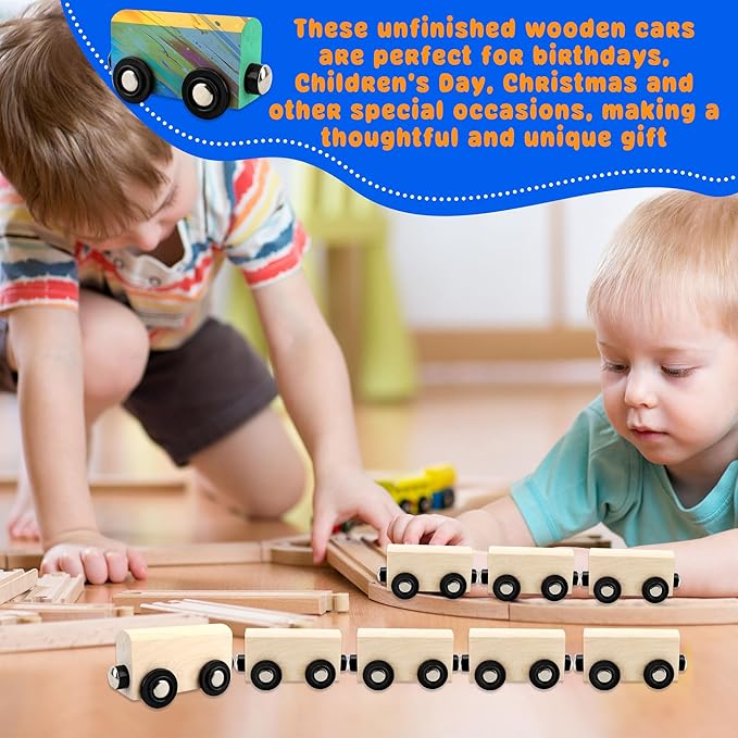 12 Pcs Wooden Trains Toys Unpainted Wood Train Cars Weak Magnetic Suction Paintable Wooden Railway for Kids Educational Toys Birthday Christmas Party Gifts (Style Set 4)