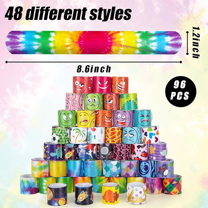 Shindel 96PCS Slap Bracelets Bulk, Kids Slap Wristbands Snap Bracelets Tie Dye Dinosaurs Mermaid Emotions for Party Favors Classroom Prizes Kids Birthday