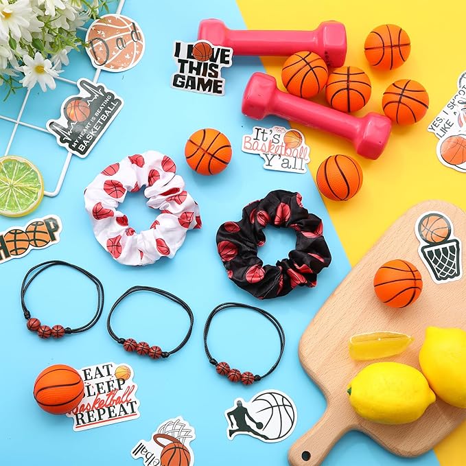86 Pcs Basketball Party Favors, 50 Pcs Basketball Stickers, 12 Sports Stress Ball Mini Foam Basketball Ball, 12 Basketball Charm Bracelets 12 Basketball Scrunchie Sports Valentines Gifts Supplies