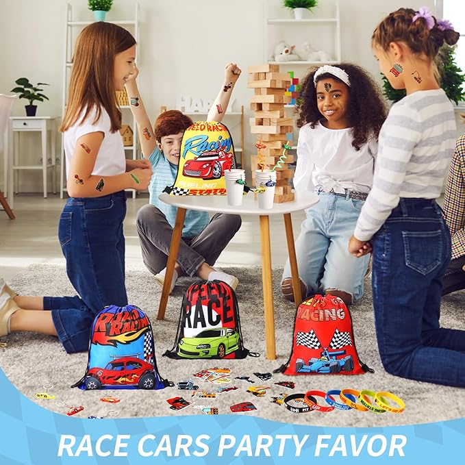 Sadnyy 140 Pcs Race Car Party Favors Birthday Party Decorations Supplies Drawstring Bags with Silicone Bracelets Keychains Straws Button Pins Stickers for Classroom Rewards Goodie Bags Stuffers