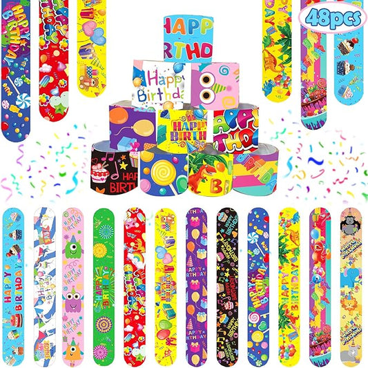 Viicoor Slap Bracelets 48PCS Happy Birthday Snap Bracelet Party Favors Filler Birthday Slap Bands School Prizes Birthday Exchanging Gifts Bulk (17-Birthday-48PCS)