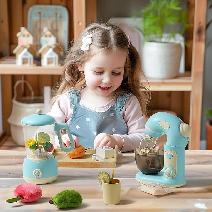 ROBOTIME Pretend Play Kitchen Appliances Toy Set, Toy Blender and Toy Mixer with Realistic Light and Sounds, Play Kitchen Accessories Set for Kids Ages 3+, Pretend Kitchen Toys for Boys and Girls