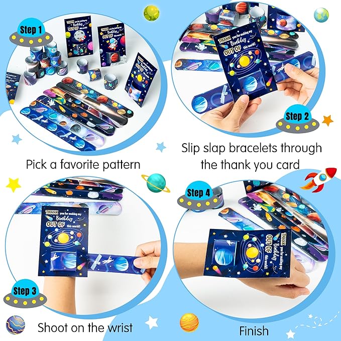 Space Slap Bracelet, 24Pcs Outer Space Kids Wristbands Bracelets with Thank You Cards Planet Themed Party Favors Gifts for Kid Birthday Party Favors Classroom Prizes Exchange (12 Styles)
