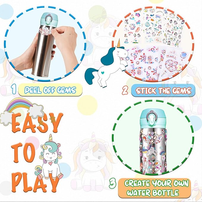 Y YOFUN Create Your Water Bottle with Tons of Rhinestone Gem Stickers - Craft Kit & DIY Art Set for Children, Gift for Girls - 17 OZ BPA Free Stainless Steel Vacuum Insulated Mug (Gemstone & Unicorn)