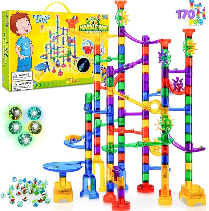 JOYIN 170Pcs Glowing Marble Run, Construction Building Blocks Toys with 5 Glow in The Dark Glass Marbles, STEM Educational Building Block Toy(120 Plastic Pieces + 50 Glass Marbles)