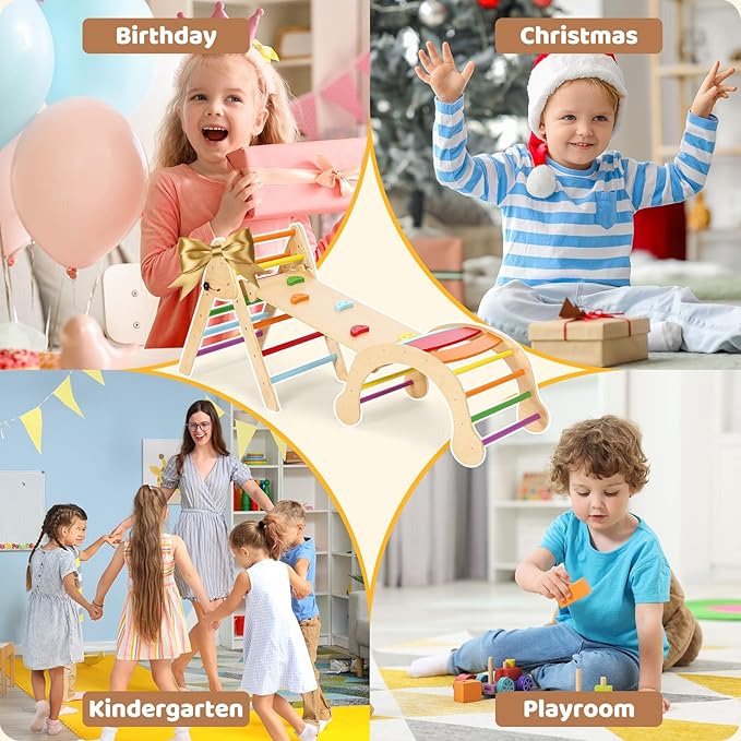 YOLEO 7-in-1 Pikler Triangle Set, Large Wooden Climbing Toys for Toddlers 1-3 Inside, Montessori Fun Toddler Climbing Toys Indoor Playground and Jungle Gyms Playset,Easy-Fold Pikler Triangle (Rainbow)