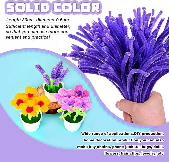 TOAOB 100pcs Pipe Cleaners Purple Pipe Cleaners Chenille Stems 6mm x 12 Inch Pipe Cleaners Craft Supplies for Art DIY Crafts Decorations