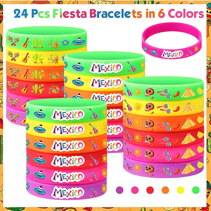 Xinnun 24 Pcs Mexican Fiesta Rubber Bracelets Fiesta Party Silicone Wristbands Mexican Party Favors with Taco Cactus Piñata Pattern for Let's Fiesta Cinco De Mayo Party(Mexico)