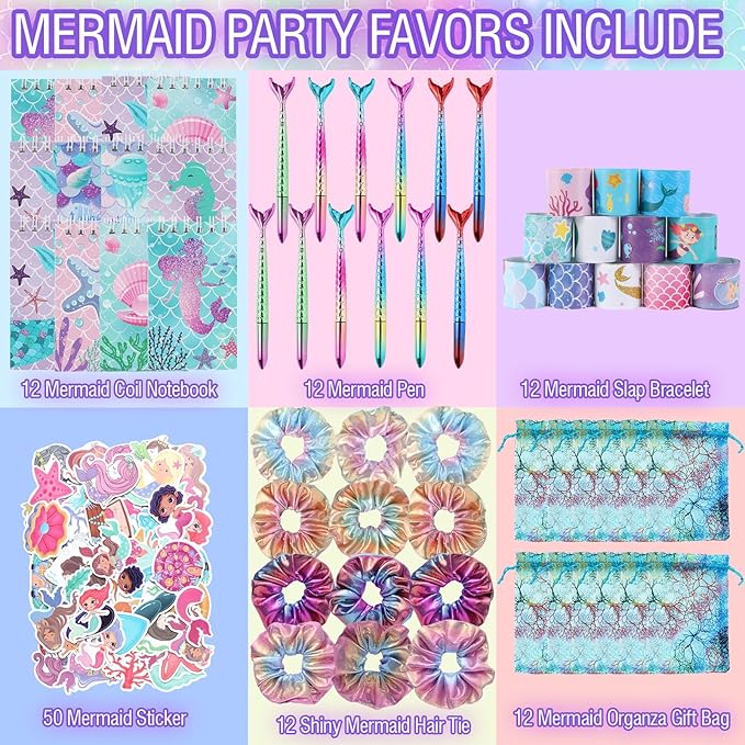110 PCS Mermaid Party Favors for Girls Mermaid Birthday Decorations Party Supplies Include 12 Pen 12 Notepad 12 Shiny Metallic Scrunchies 12 Slap Bracelet 12 Gift Bag 50 Mermaid Sticker (Mermaid)