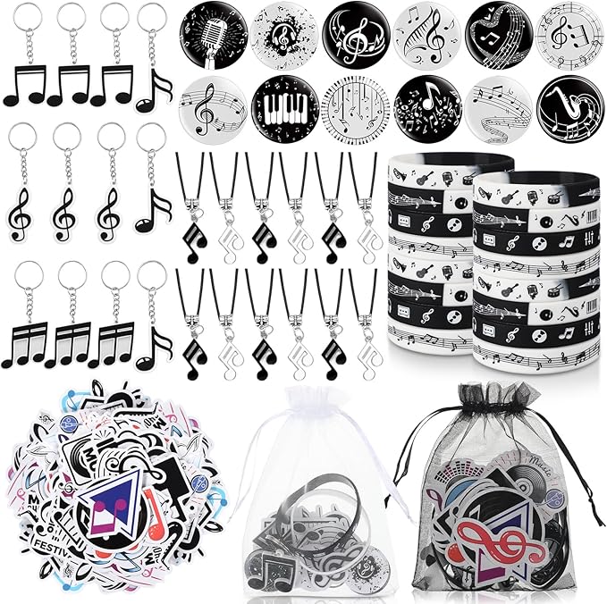 Seajan 110 Pcs Music Party Favors Include Music Notes Silicone Bracelets Musical Note Necklaces Keychains Stickers Badges Organza Gift Bag Fillers for Music Themed Birthday Party Supplies Decorations