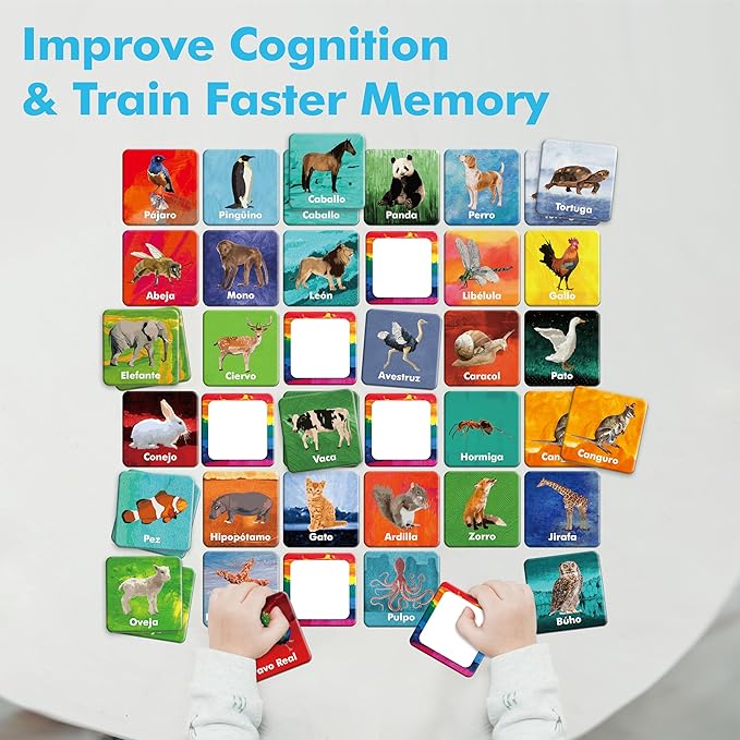 Hebayy 36 Pairs Animal Matching Game, 72PCS Spanish Flashcards 36 Designs Memory Cards Educational Learning Toys for Preschool 4 5 6 Years Old (Each Measures 2” X 2”)