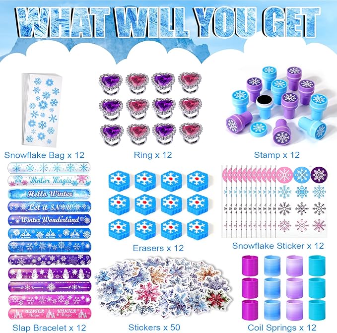 XANGNIER 134 Pcs Frozen Birthday Party Favors Decorations, Winter Frozen Party Supplies with Goodie Bag Snowflake Stickers Heart Ring Erasers Silicone Slap Bracelets Stamp Coil Springs