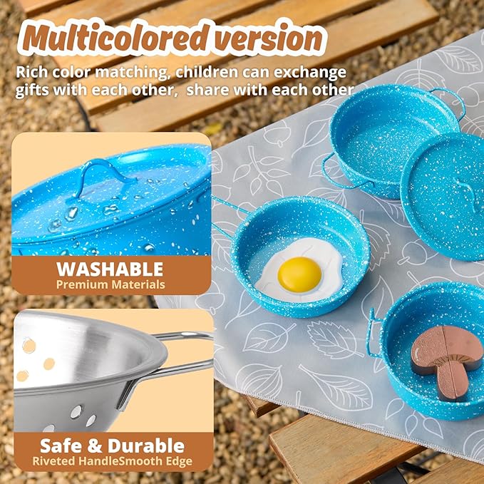 Kids Play Kitchen Toy Accessories Set Toddler Cooking Playset Colorful Stainless Steel Pots and Pans Birthday Gifts for 3+ Girls Boys (New Blue)