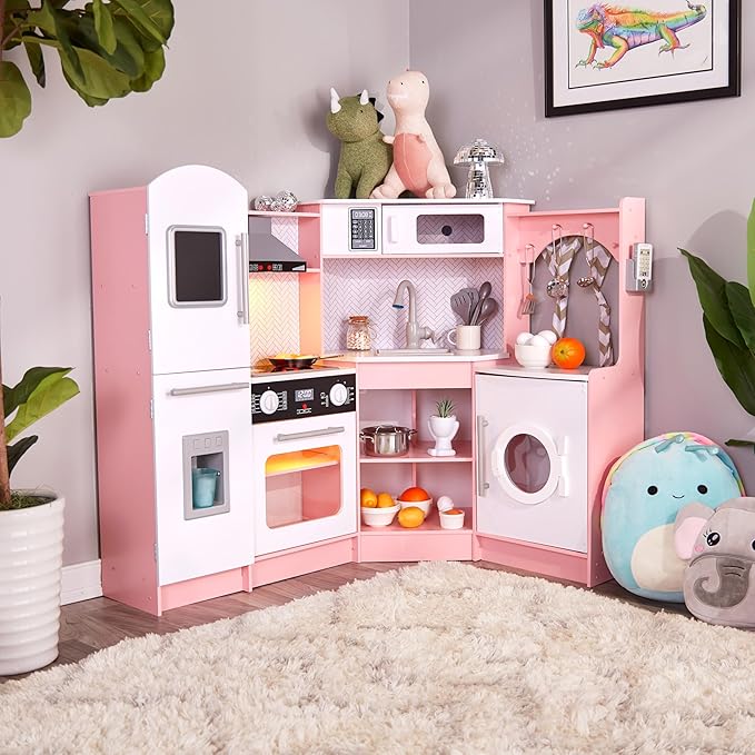 Lil' Jumbl Kids Corner Kitchen Set, Pretend Wooden Deluxe Play Kitchen, Battery Operated Icemaker, Stovetop & Faucet with Realistic Sound - Pink
