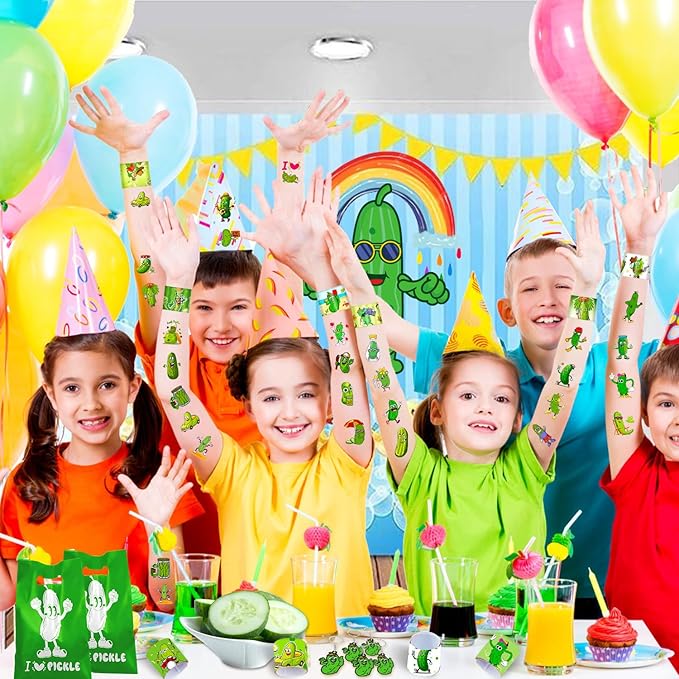 Funny Pickle Party Favors, Funny Pickle Temporary Tattoos Slap Bracelets Badges Keychains Gift Bags for Pickle Birthday Party Decorations Supplies for Kids Adults Boys Girls Classroom Rewards