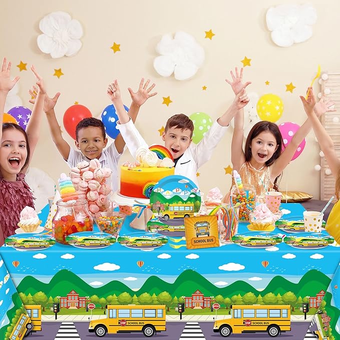 School Bus Birthday Party Supplies Back to School Decorations School Bus Theme Party Tableware Includes Plates Napkins Fork and School Bus Tablecloth for Kindergarten Parties Decorations Set Serve 20