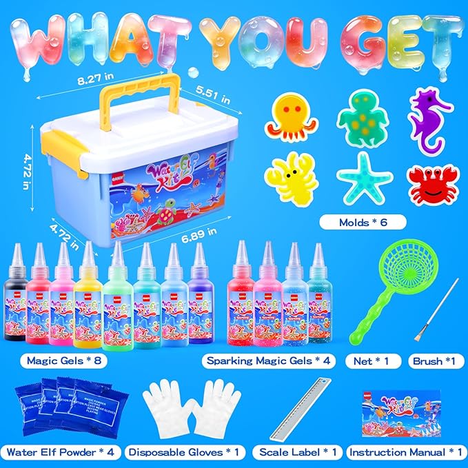 QANIY Magic Water Elf Toy Kit, Aqua Fairy Water Gel Kit,Christmas Gifts for Kids Ages with 12 Gels and 6 Molds, DIY Squishy Maker Set, Kids Christmas Gifts, DIY Crafts for Boys and Girls Ages 3+