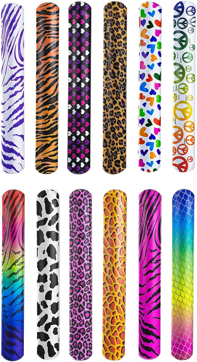 Super Z Outlet Slap On Plastic Vinyl Retro Bracelets with Colorful Hearts & Animal Print Design Patterns for Children, Toy Party Favors (72 Pack)