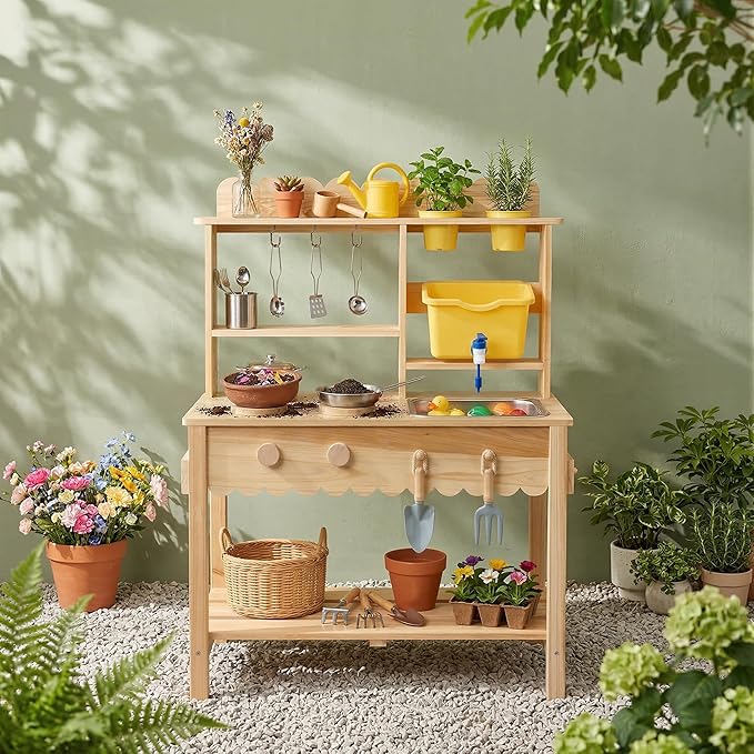 Wooden Mud Kitchen for Kids Outdoor - Play Kitchen with Real Running Water Sink & Removable Sink, 10-Piece Accessory Set with Stainless Steel Cookware & Planter Pots, Montessori Toy Gift for Ages 3+