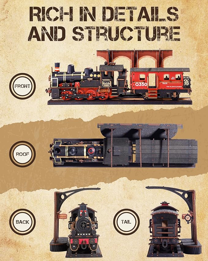 Rolife 3D Wooden Puzzle for Adults, DIY Wood Model Train Sets, Mechanical Vehicle Model Building Kits-Brain Teaser Puzzle Toys with 365 Pcs-Creative Birthday for Kids