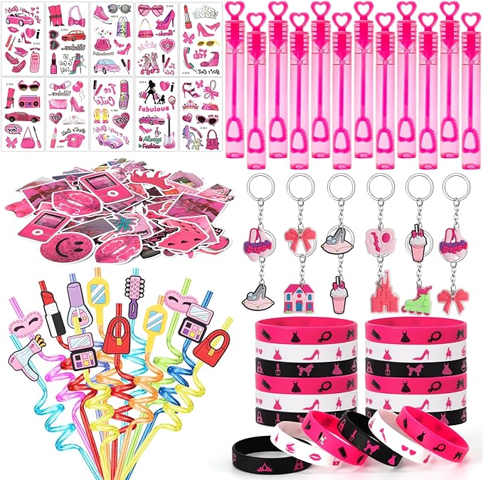 110 Pink Party Favors Princess Birthday Supplies Straw Bubble Silicone Bracelet Keychain Tattoo Sticker Girl Kid Toy Gift Goodie Bag Stuffer Filler Makeup Party Decorations
