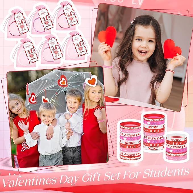 Liliful 24 Set Valentine's Day Classroom Gifts for Kids, 24 Pink Red Love Heart Silicone Wristbands with Cards and Organza Bags for Students Exchange Gift Valentine Party Favors Goodie Bag Stuffers