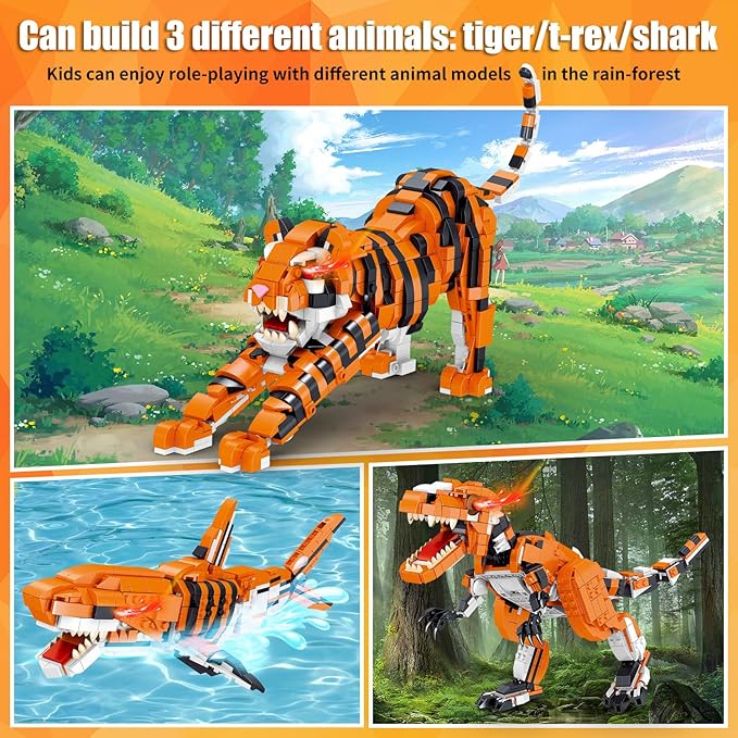 1030 Piece STEM Building Toys-3in1 Mini Transforming Toy Building Set with Dinosaur/Tiger/Shark Building Kit, Educational Toy for Kids 6-12, Christmas Birthday Gifts for Girls Boys Ages 8-14+