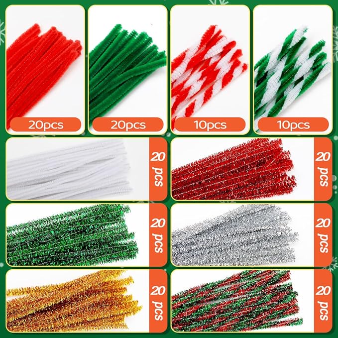 180pcs Christmas Pipe Cleaners, Pipe Cleaners for Crafts, Craft Supplies Multicolor Chenille Stems for Art&Craft Christmas DIY Projects(10colors,Christmas)