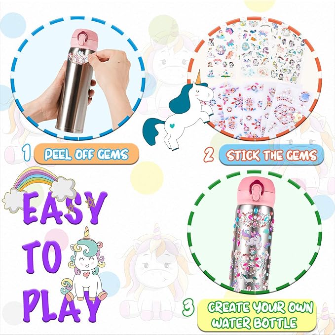 YOFUN Decorate Your Own Water Bottle with 11 Sheets of Unicorn Stickers & Glitter Gems, Craft Kit & Art Kit for Children, Gift for Girls Age 4 5 6 7 8 9 10 Years Old Kids, BPA Free Insulated (Silver)