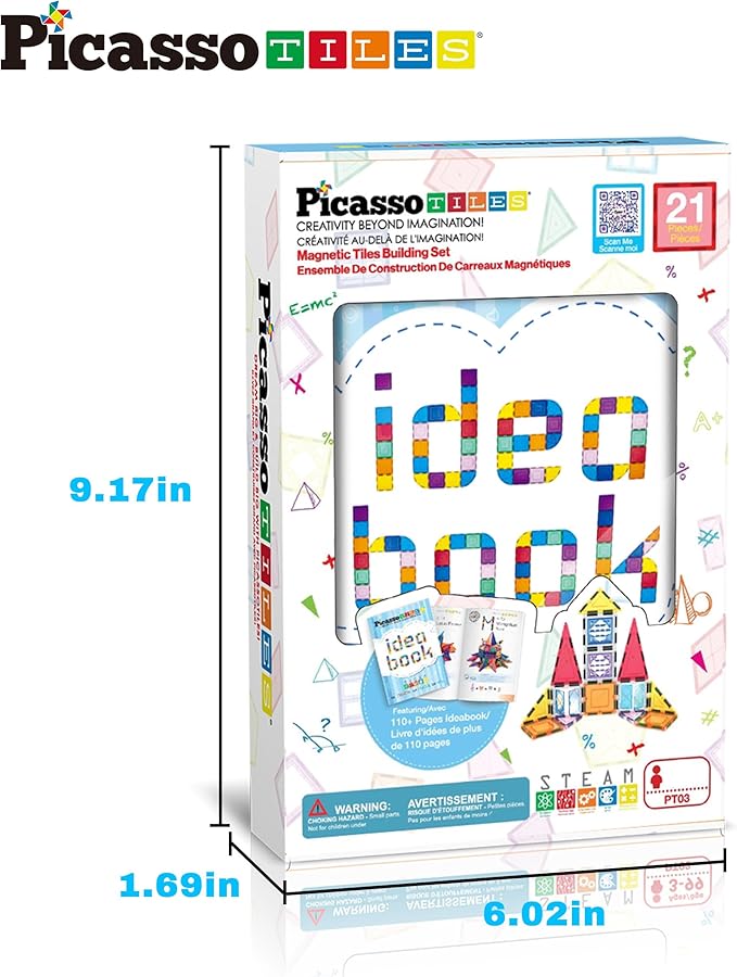 PicassoTiles Magnetic Tiles Magnet Tile Building Blocks Construction Set with 110+ Page IdeaBook Included STEM Learning Toys Toddlers Educational Fun Pretend Play Kids Boys Girls Sensory Toys Ages 3+