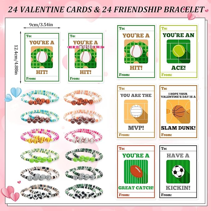MOVINPE Valentines Day Exchange Gifts for Kids Classroom, 24 Pack Sports Charm Friendship Bracelets with Valentines Day Cards, Classroom Prizes, Valentine’s Day Cards for Kids School Bulk