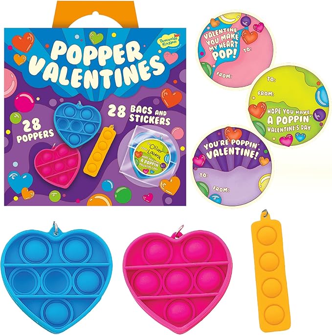 Peaceable Kingdom Valentines Cards for Kids Classroom, Set of 28 Valentines Day Gifts - Mini Popper Heart Pop It Fidgets