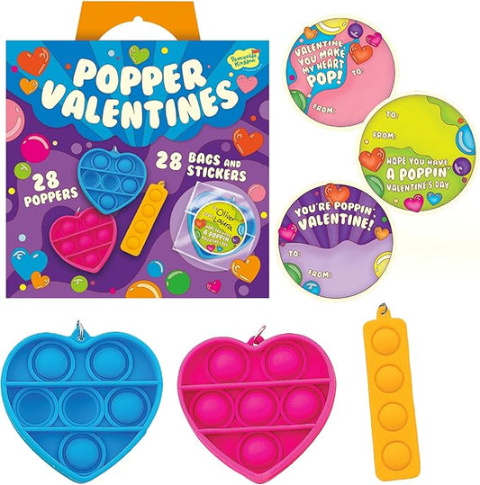 Peaceable Kingdom Valentines Cards for Kids Classroom, Set of 28 Valentines Day Gifts - Mini Popper Heart Pop It Fidgets