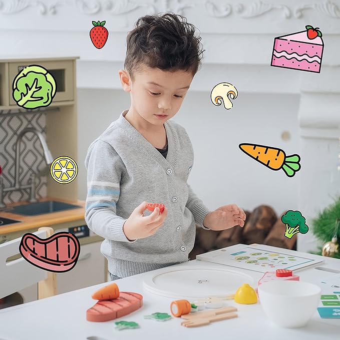 Teamson Kids Little Chef Frankfurt 27 Piece Play Kitchen Tablet with Recipes and Pretend Ingredients and Wooden Food Cutting Set, Multicolor/White , Green