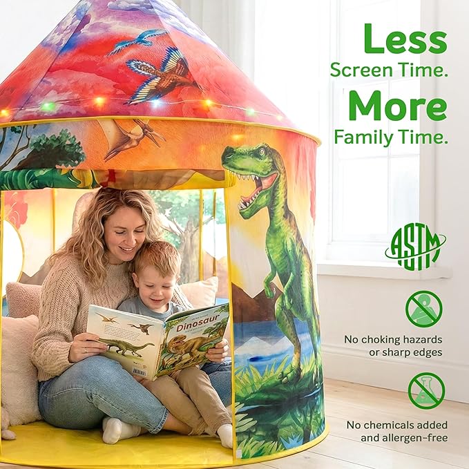 W&O Dinosaur Discovery Kids Tent with Roar Button, Dinosaur Toys and LED Lights - Epic Pop Up Tent for Boys & Girls - Perfect for Indoor & Outdoor Adventures