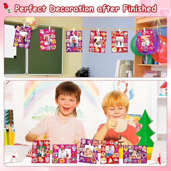 Qyeahkj 48 Pack Valentines Day Picture Frame Craft Kits Valentine 's Day Craft Arts Decoration Valentines DIY Photo Frame Crafts for Kids with Easel for Fun Home Class Kindergarten Party Activity