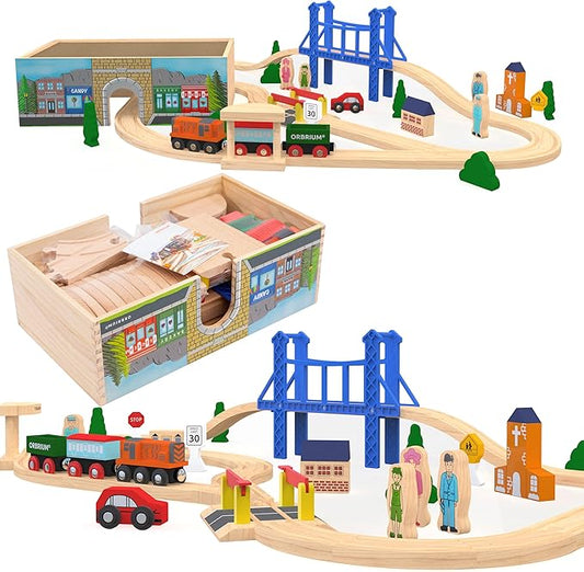 Orbrium Toys 52 Pcs Deluxe Wooden Train Set with 3 Destinations Fits Thomas, Brio, Chuggington, Melissa and Doug, Imaginarium Wooden Train