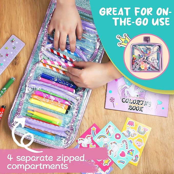 Washable Markers Set with Glitter Unicorn Pencil Case, Art Supplies for Kids Ages 4 5 6 7 8 Years Old, Arts Crafts Coloring Set with Crayon Pencil Gel Pen, Unicorn Toy Birthday Gift for Girls 4-6-8-10