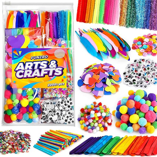 FunzBo 2000Pcs+ Arts & Crafts Supplies Kits for Kids,St Patricks Day DIY Craft Supplies for Toddlers DIY Art Supply Tools Set Include Pipe Cleaners,Pom Poms,Feather for Crafts,Crafts for kids Ages 4-8