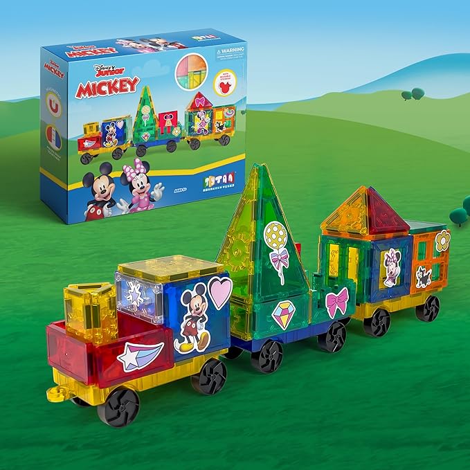 Official Disney Junior Mickey Train Magnetic Tile Set – 41-Piece STEM Building Kit with Wheeled Base Cars, Reusable Stickers & Learning Workbook – Educational Toy for Kids Ages 3+