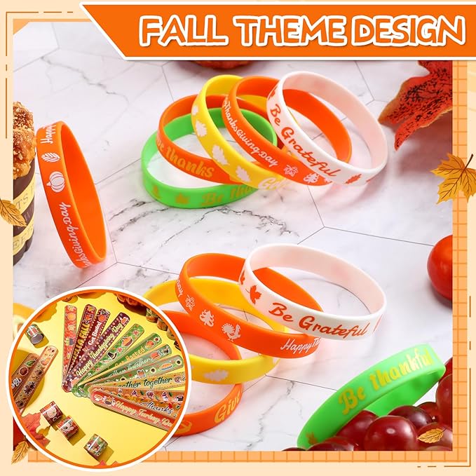 Wettarn 144 Pcs Thanksgiving Slap Bracelets and Silicone Wristbands Bulk for Kids Includes 72 Pcs Snap Bracelets and 72 Pcs Rubber Bracelets Fall Party Favors Autumn Slap Bands for Classroom Prize