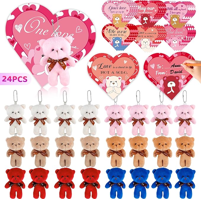 Valentines Day Gifts for Kids Classroom Party Favors Valentines Cards with Mini Teddy Bears Plush Toys Stuffed Animals Keychain Valentine Gift Exchange School Game Prize for Boys Girls 24 Pack