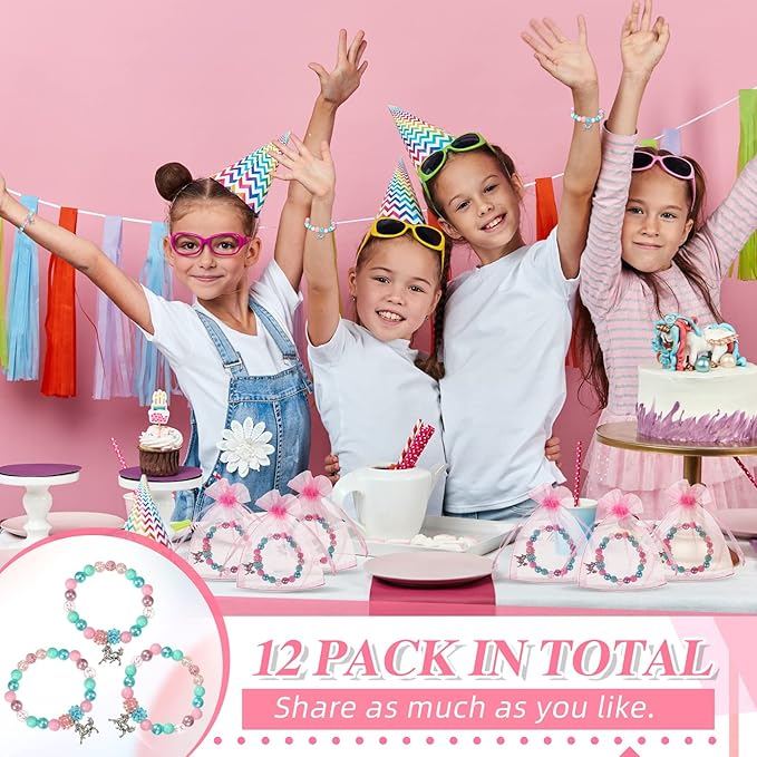 12 Pieces Horse Party Favors Bracelet for Girls Gifts 6 Inch Horse Beaded Bracelet with 12 Small Drawstring Gift Bags Pink Mesh Bags Kids Bracelet for Christmas Wedding Baby Shower Party Supplies