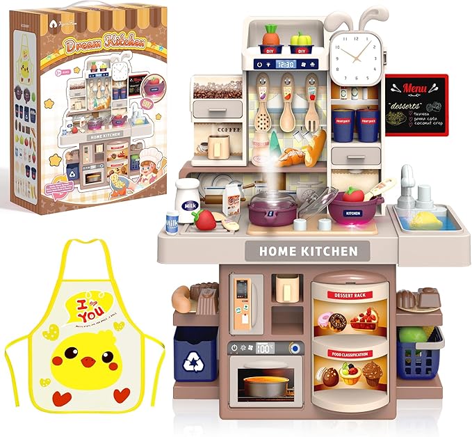 Mini Kids Kitchen Playset with Apron, Play Kitchen Toy with Realistic Steam and Lights, Play Sink and Toy Kitchen Accessories, Pretend Play Gift for Toddlers 3-5 Boys Girls (Grey)