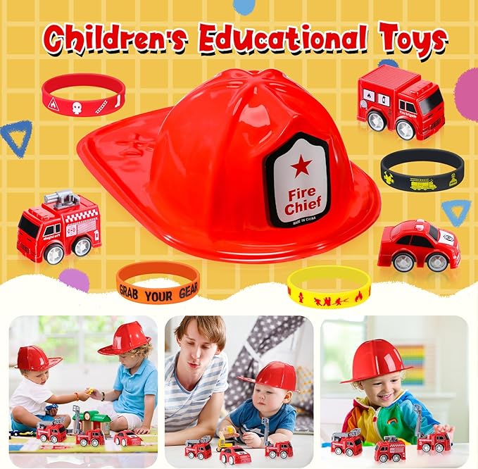 Poen 100 Pieces Mini Fire Engine Toy Trucks Firefighter Chief Soft Plastic Hat Silicone Bracelets Firefighter Birthday Party Supplies Fire Truck Toy Party Favor for Kids Boys Girls