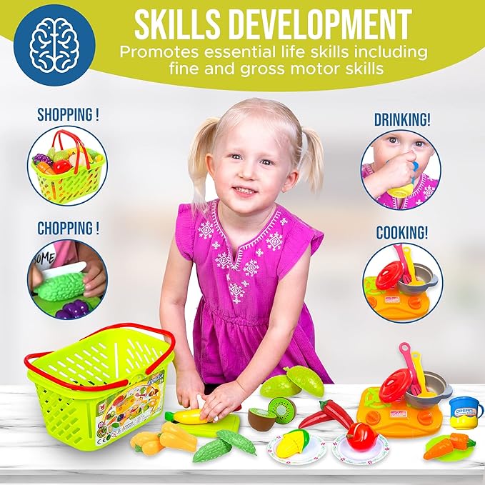 FUNERICA Durable Cuttable Play Food Grocery Shopping Basket, Kids Play Fruits and Vegetables Sets with Mini Cooking Top, Pot, Dishes, and Utensils Kids Kitchen Toys