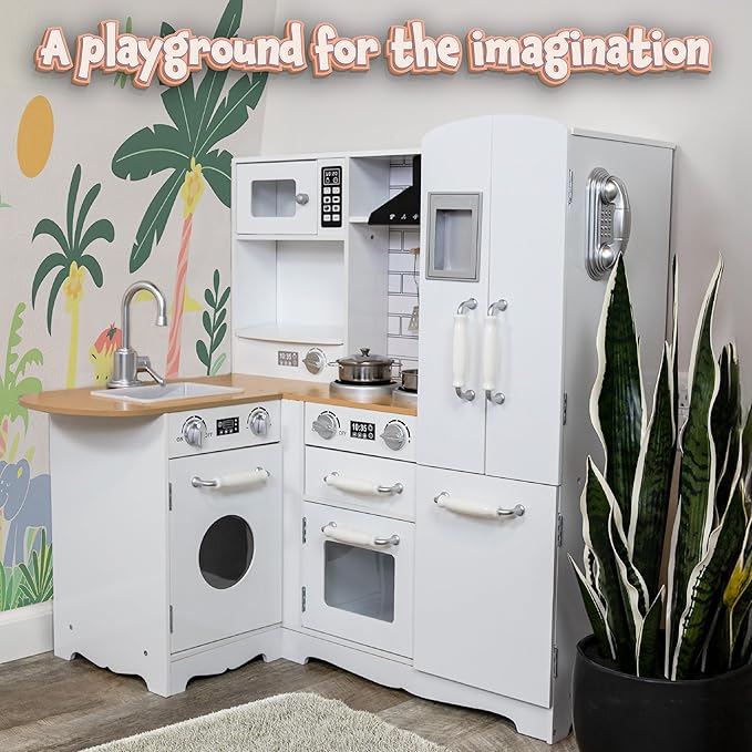 Sunnydaze Cozy Corner Interactive Play Kitchen Set for Kids - Wooden Kitchen Playset with Stainless Steel Accessories - White